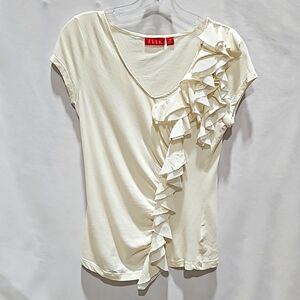 Elle, Cream/White Ruffled Top Sz XS, Short Sleeve Tee, V-Neck, Cap Sleeve